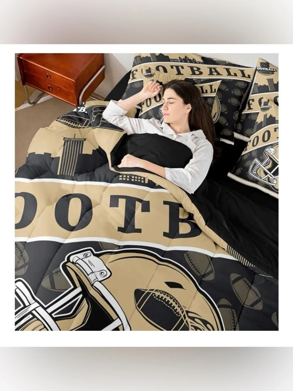American Rugby Football City Comforter Set. Queen, Vacuum Sealed, Black&Brown
